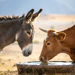 Two animals drink from a trough
