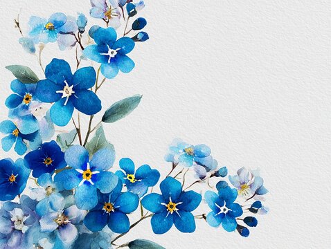 Elegant, chic, vintage border frame with blue forget me not flowers branches