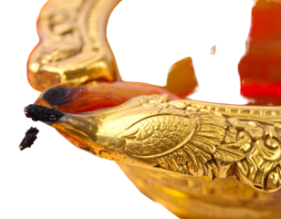 Ornate lamp with flame, ornate details, glowing wick