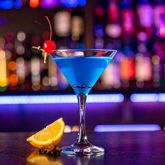 Vibrant blue cocktail in martini glass