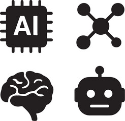 AI Programming Silhouette Icons | Neural Net, Chip, Bot, Brain Vector Set