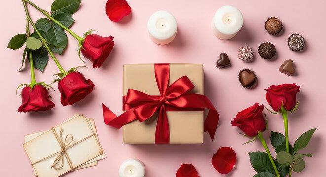 Valentine's Day Composition: Gift, Roses, Chocolates, And Love Letters.