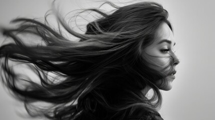 Fototapeta premium A woman stands in profile while her hair flows and moves. The setting is a studio with simple background and lighting. The focus is on her hair and expression.