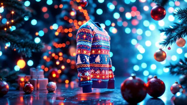 Magical ugly Christmas sweater floating in a festive scene with sparkling holiday lights and ornaments
