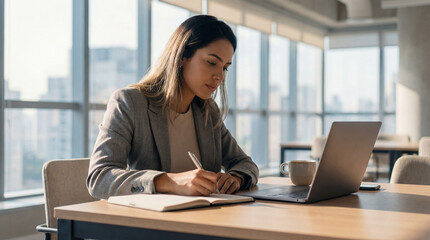 Mulher de Neg&oacute;cios Branca Focada Escrevendo em Caderno no Escrit&oacute;rio Moderno com Laptop - Conceito de Produtividade Corporativa e Planejamento