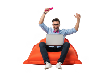 Man playing video games on bean bag isolated on transparent background