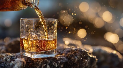 Whiskey Being Poured into Glass with Ice on Rocky Surface
