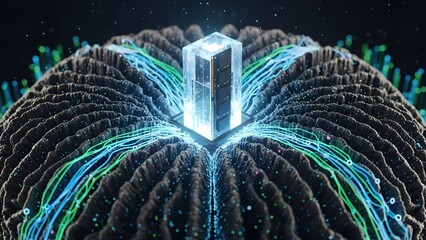 Futuristic digital brain interior with central ram memory chip for artificial intelligence and computer hardware technology concept.
