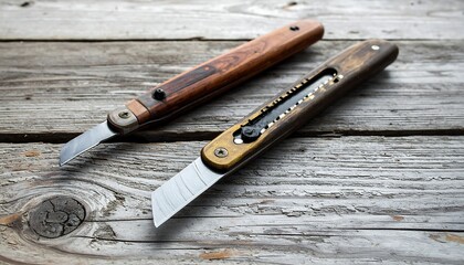 Two artisanal knives with wooden handles rest on a weathered wood surface