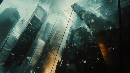 Abstract reflections of skyscrapers on a glass surface, creating geometric patterns. --ar 16:9 --v 6.1 Job ID: ecfb8ccc-b7fc-48f7-bf0c-db218033f4e9