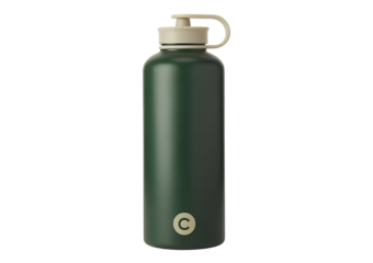 Isolated emerald green water bottle with handle and light beige lid, reusable, sustainable 
