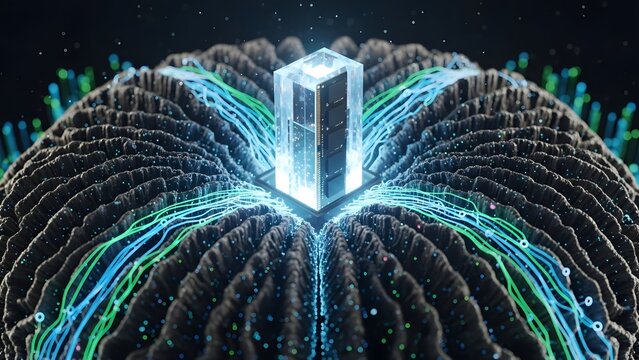 Futuristic digital brain interior with central ram memory chip for artificial intelligence and computer hardware technology concept.
