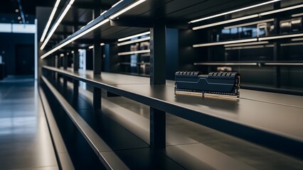 Fototapeta na wymiar Single computer ram memory stick left on empty electronics store shelf during global chip shortage crisis and technology supply chain deficit. 