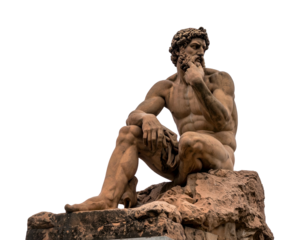 Ancient muscular man contemplating on rock