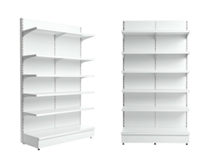 Two white display shelves, one side view, one front view