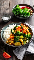 Vibrant bowl of rice, veggies, and chickpeas on a rustic wooden surface
