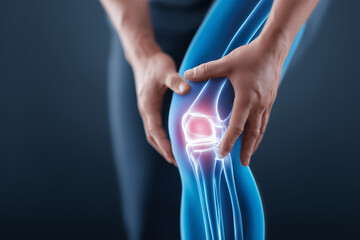 Painful knee joint inflammation highlighted by glowing x-ray anatomy overlay on human leg for medical healthcare orthopedics and injury treatment concepts