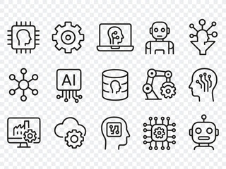 A comprehensive set of line icons representing artificial intelligence, technology, robotics, and data science concepts