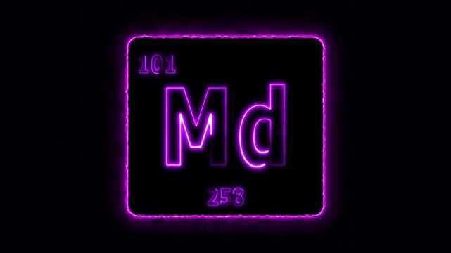 Mendelevium - periodic table element symbol hologram, chemical element Periodic Table, atomic weight element number ,glowing on black background in 4K.