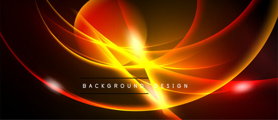 Abstract design features vibrant orange, yellow curves. Bright central glow dominates dark background. Modern, dynamic visual effect.