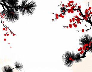 白背景に梅と松が浮かぶ和風正月イメージ素材