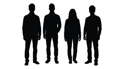 Four individuals standing in a row depicted as a black shape against a white background silhouette