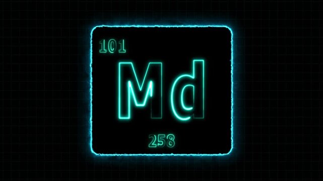 Mendelevium - periodic table element symbol hologram, chemical element Periodic Table, atomic weight element number ,glowing on black background in 4K.