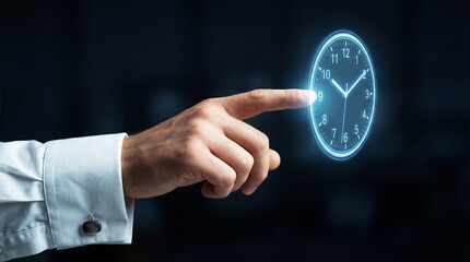 Businessman observing and pointing at a holographic virtual clock