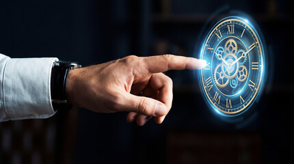 Businessman observing and pointing at a holographic virtual clock