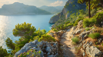 Scenic coastal mountain trail with stunning views of turquoise waters