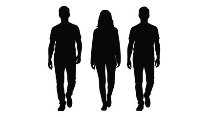 Three figures walking forward rendered as a striking black shape against a white background silhouette