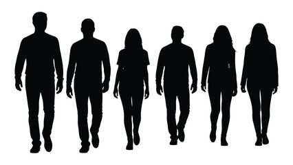 A group of people walking forward depicted in a dark striking silhouette