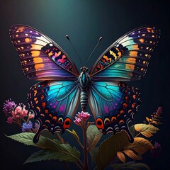 Vibrant butterfly with iridescent wings, perched on delicate blooms
