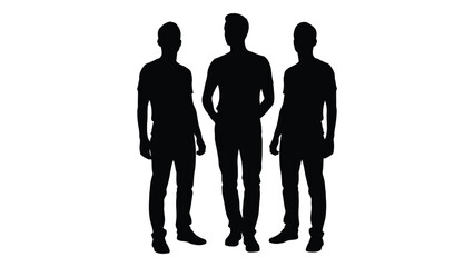 Four men standing together in a dark bold outline creating a striking silhouette
