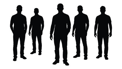A group of six men standing together captured in a stark black silhouette