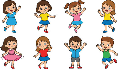 Cartoon children, playful poses, colorful outfits, dancing kids, energetic group, happy expressions, vector art, flat illustration, joyful activity, fun