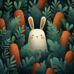 Cute seamless repeatable pattern featuring  stylization rabbit among much carrots illustration