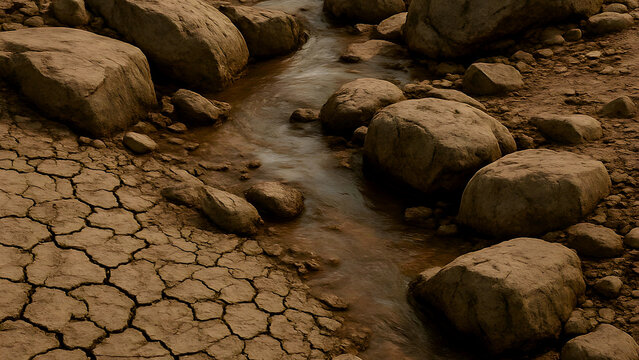 Conceptual Illustration of Dry Riverbed with Scant Water and Cracked Earth for Water Scarcity and Drought Awareness