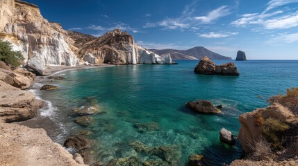 Fototapeta premium A beautiful beach with a clear blue ocean and a rocky shoreline. The water is calm and the sky is clear