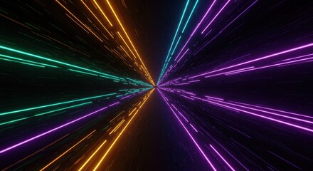 Brilliant neon light streaks race toward a vanishing point in a dark digital space