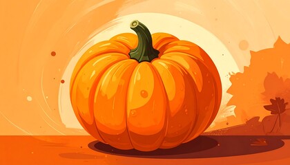 Vibrant cartoon pumpkin centered, warm colors, autumnal theme