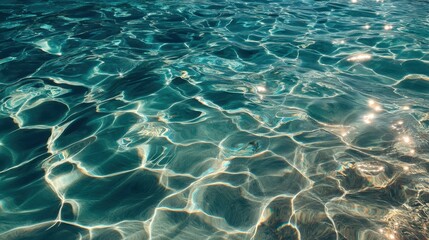 Fototapeta premium The water is calm and clear, with ripples and waves that reflect the sunlight. The scene is serene and peaceful, with the water appearing almost like a mirror