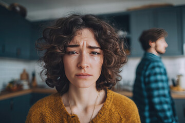 Young couple is arguing in modern kitchen, woman looks upset while man turns away, creating tense emotional atmosphere in home interior