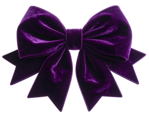 A large, luxurious velvet bow in deep purple, isolated on a stark black background