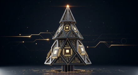 Futuristic Christmas tree made of electronic chips and circuits, great for technology company holiday cards and IT themes.