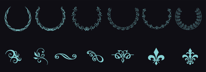 Mystical Blue Wreath and Heraldic Set. Vector collection of elegant, glowing wreaths, laurels, swashes, and a Fleur-de-Lis icon. Great for seals, logos, or sophisticated branding.