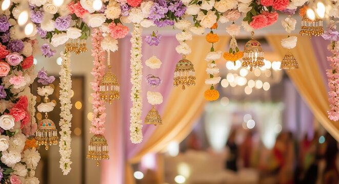 Beautiful floral arrangement with hanging gold ornaments, perfect for Indian wedding invitations and event planning.