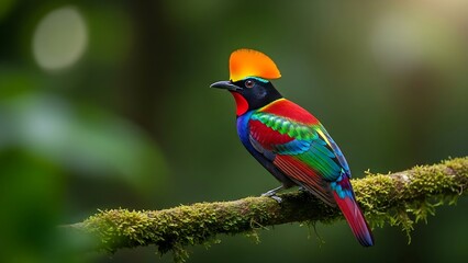 Obraz premium Vibrant Resplendent Quetzal perched on a mossy branch, showcasing its brilliant iridescent green and crimson plumage in a tropical forest.
