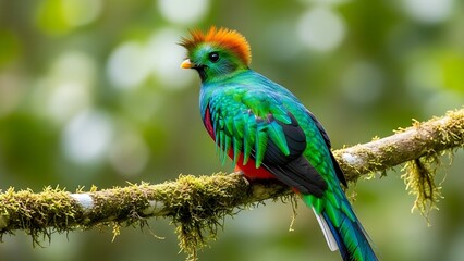 Fototapeta premium Vibrant Resplendent Quetzal perched on a mossy branch, showcasing its brilliant iridescent green and crimson plumage in a tropical forest.