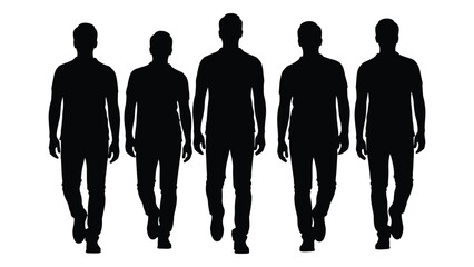a group of five men walking forward presented as a stark black silhouette